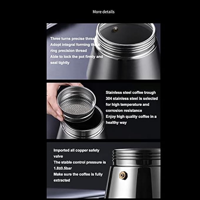 Eujgoov 304 Stainless Steel 6 Cups Italian Moka Pot Stovetop Espresso Coffee Maker For Home Kitchen - Image 5