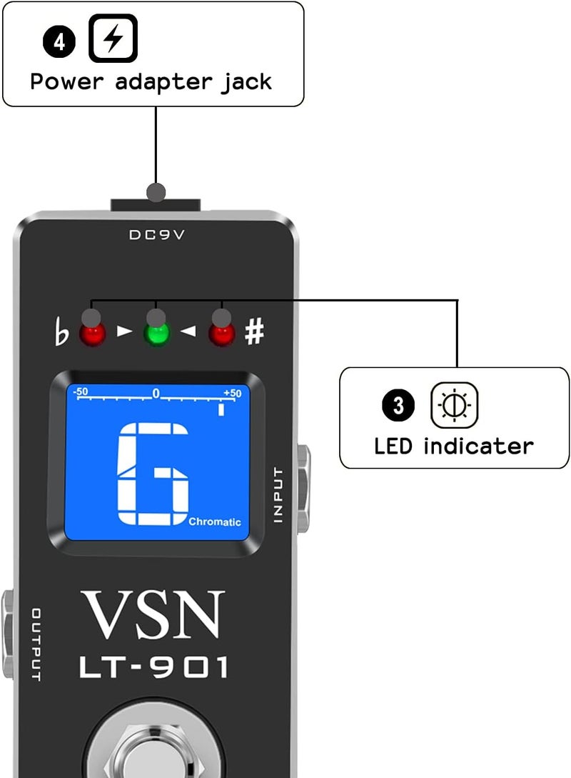 VSN Tuner Pedal,Chromatic Guitar Tuner Pedal Fast and Accuate Tuner for High Precision ± 1 Cent with Pitch Indicator for Electric Guitar and Bass True Bypass LT-901 - Image 2