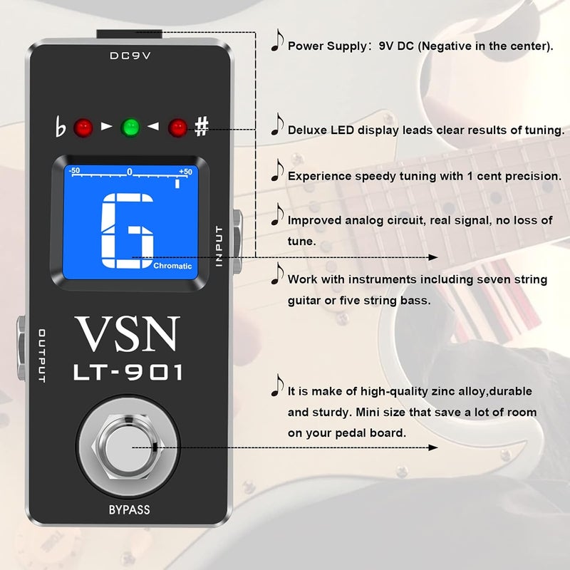 VSN Tuner Pedal,Chromatic Guitar Tuner Pedal Fast and Accuate Tuner for High Precision ± 1 Cent with Pitch Indicator for Electric Guitar and Bass True Bypass LT-901 - Image 4