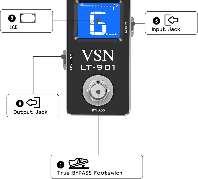 VSN Tuner Pedal,Chromatic Guitar Tuner Pedal Fast and Accuate Tuner for High Precision ± 1 Cent with Pitch Indicator for Electric Guitar and Bass True Bypass LT-901 - Image 3