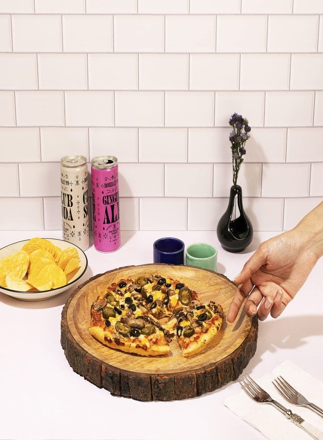 GoCraft Round Wooden Serving Platter with Tree Bark on Edges | Mango Wood Pizza Platter, Serve Board | Charcuterie Platter - 13" - Image 5
