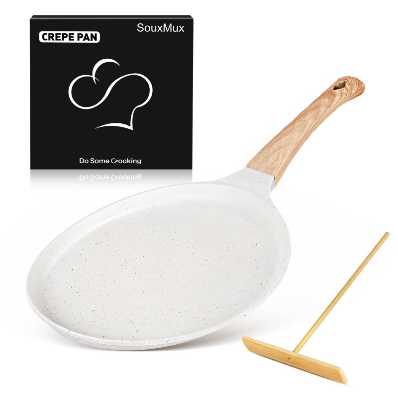 SouxMux Nonstick 97Inch Crepe Pan with Spreader Ceramic Coated Dosa Tawa Pan Induction Compatible Flat Skillet for Pancakes Omelettes and More with Cool Handle PFOA Free