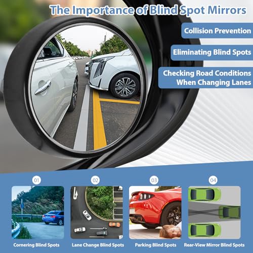 KEWAYO Blind Spot Mirror, HD Glass & ABS Housing, 360° Adjustable Convex Wide Angle Rear View Mirror, Stick-On Universal Fit for Car SUV Truck RV Van, Black (2, Round, Black Stick) - Image 4