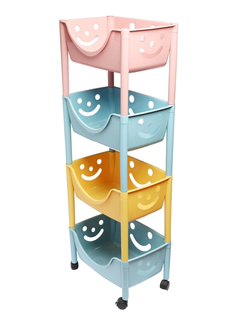 Kids Toy Storage Organizer Bins 4 Tier with Wheels Smiley Face Plastic Shelves and Baskets Storage Cubes with Wheels for Rolling Small Colors - Image 1