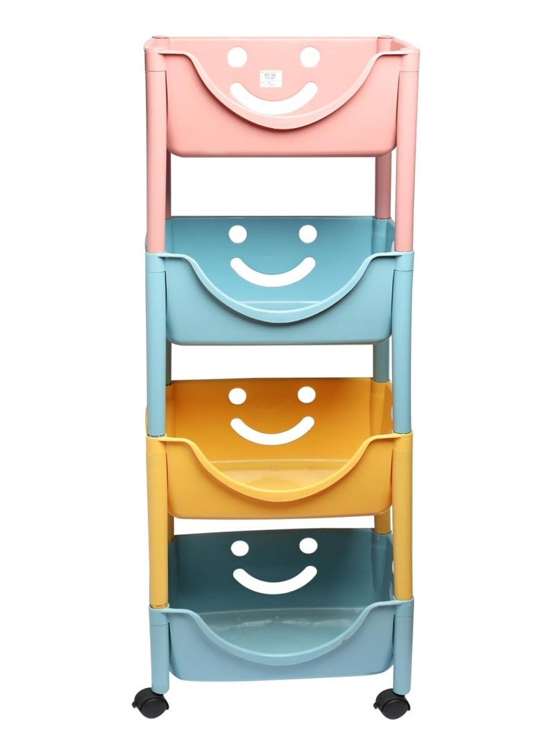 Kids Toy Storage Organizer Bins 4 Tier with Wheels Smiley Face Plastic Shelves and Baskets Storage Cubes with Wheels for Rolling Small Colors - Image 2
