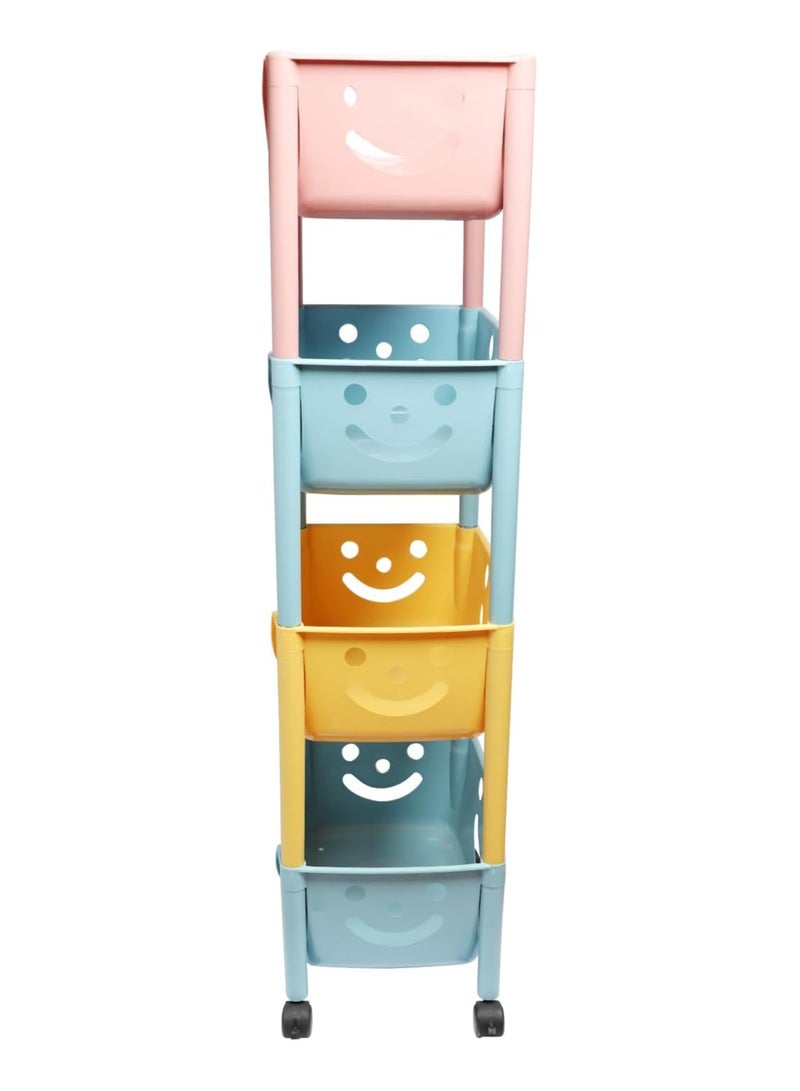 Kids Toy Storage Organizer Bins 4 Tier with Wheels Smiley Face Plastic Shelves and Baskets Storage Cubes with Wheels for Rolling Small Colors - Image 3