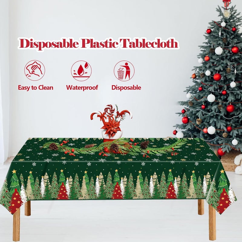CUUSNNY 2 Pack Christmas Tree Tablecloth for Rectangle Table,Disposable Plastic Christmas Trees Green Table Cover for Winter Holiday Party Picnic Dinner Supplies Decorations,54x108 Inch - Image 3