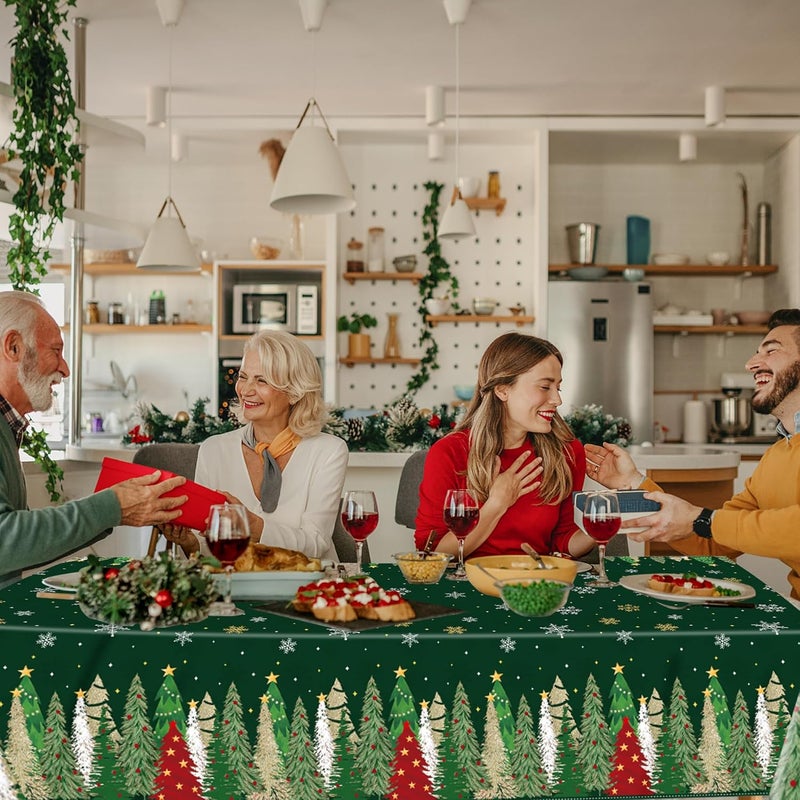 CUUSNNY 2 Pack Christmas Tree Tablecloth for Rectangle Table,Disposable Plastic Christmas Trees Green Table Cover for Winter Holiday Party Picnic Dinner Supplies Decorations,54x108 Inch - Image 4