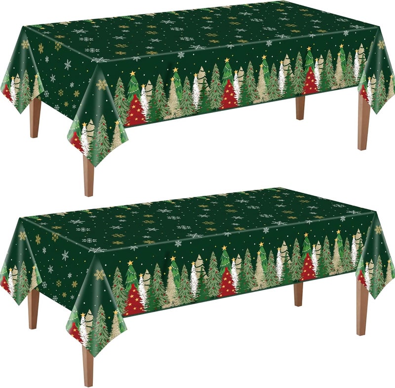CUUSNNY 2 Pack Christmas Tree Tablecloth for Rectangle Table,Disposable Plastic Christmas Trees Green Table Cover for Winter Holiday Party Picnic Dinner Supplies Decorations,54x108 Inch - Image 1