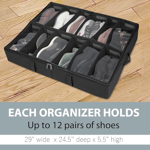 SHIBUI Under Bed Shoe Organizer with Zipper—Dustproof & Space-Saving Storage for Sneakers, Heels & Boots, Adjustable Compartments, 24.5 x 29 x 5.5 Inch. (Non Woven Black, Pack of 1) - Image 5