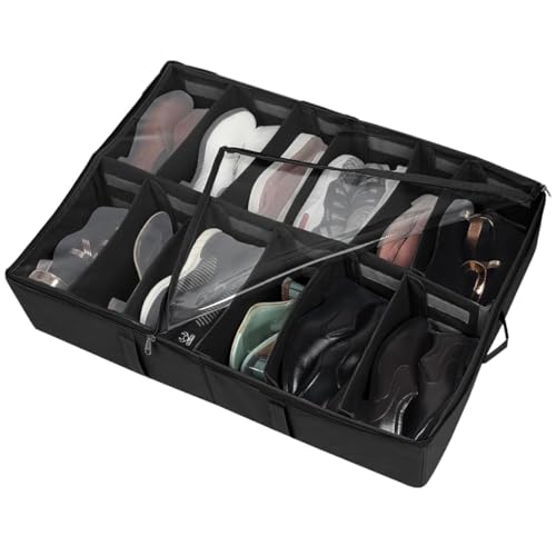 SHIBUI Under Bed Shoe Organizer with Zipper—Dustproof & Space-Saving Storage for Sneakers, Heels & Boots, Adjustable Compartments, 24.5 x 29 x 5.5 Inch. (Non Woven Black, Pack of 1) - Image 1