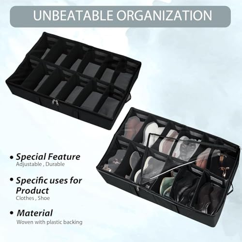 SHIBUI Under Bed Shoe Organizer with Zipper—Dustproof & Space-Saving Storage for Sneakers, Heels & Boots, Adjustable Compartments, 24.5 x 29 x 5.5 Inch. (Non Woven Black, Pack of 1) - Image 3
