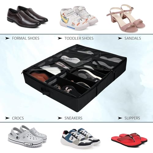 SHIBUI Under Bed Shoe Organizer with Zipper—Dustproof & Space-Saving Storage for Sneakers, Heels & Boots, Adjustable Compartments, 24.5 x 29 x 5.5 Inch. (Non Woven Black, Pack of 1) - Image 4