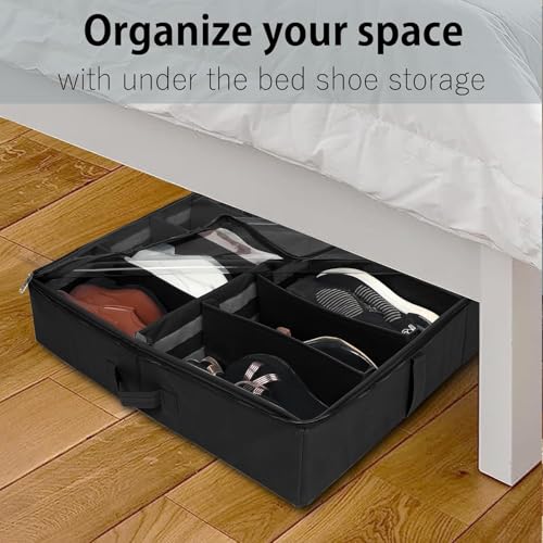 SHIBUI Under Bed Shoe Organizer with Zipper—Dustproof & Space-Saving Storage for Sneakers, Heels & Boots, Adjustable Compartments, 24.5 x 29 x 5.5 Inch. (Non Woven Black, Pack of 1) - Image 2