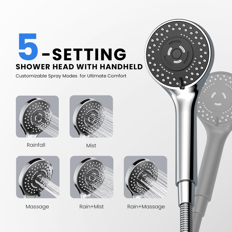 Seacity Wide Rain Shower Head With 5 Modes Handheld Showerheads, High Pressure Showerhead Combo with Extension Arm for Bathroom Accessories, Adjustable Shower Head with Anti-Clog Nozzles (Chrome) - Image 3