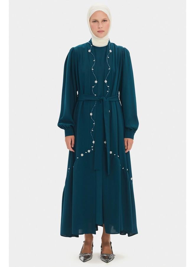 جون عباية جوني نسائية بأكمام بالون مزينة بالكريستال بلون تركواز - Image 1