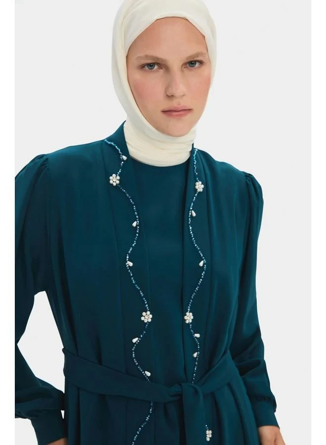 JUNE June Women Stone Detailed Balloon Sleeve Ruffle Abaya Teal