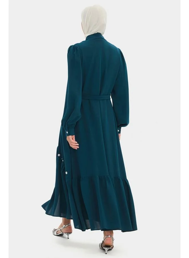 JUNE June Women Stone Detailed Balloon Sleeve Ruffle Abaya Teal