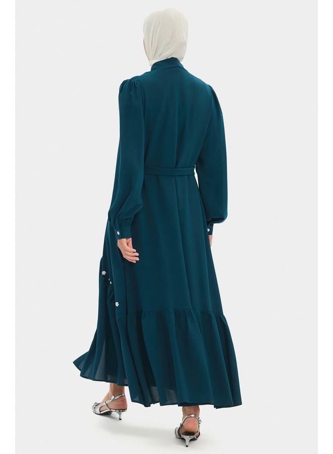 جون عباية جوني نسائية بأكمام بالون مزينة بالكريستال بلون تركواز - Image 4