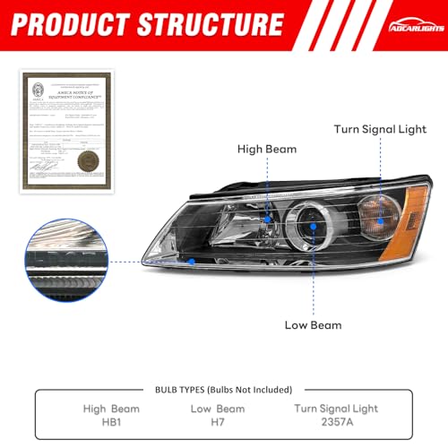 ADCARLIGHTS Headlight Compatible with 2006 2007 2008 Hyundai Sonata Headlamp with Black Housing Amber Reflector Headlamp Replacement Pair (Black Housing Amber Reflector Clear Lens)（W/O Bulbs） - Image 2