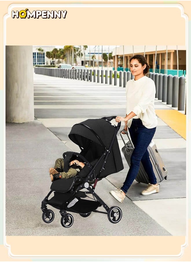 Hompenny - Lightweight Baby Stroller | Excellent Shock Absorption System | Large Canopy & Spacious Seat | 5-Point Harness | Large Storage Basket | Quick One-Click Folding | Suitable for 0-36 Months | Black - Image 1
