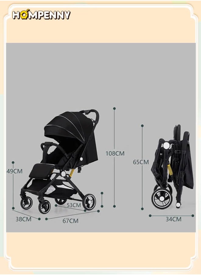 Hompenny - Lightweight Baby Stroller | Excellent Shock Absorption System | Large Canopy & Spacious Seat | 5-Point Harness | Large Storage Basket | Quick One-Click Folding | Suitable for 0-36 Months | Black - Image 1