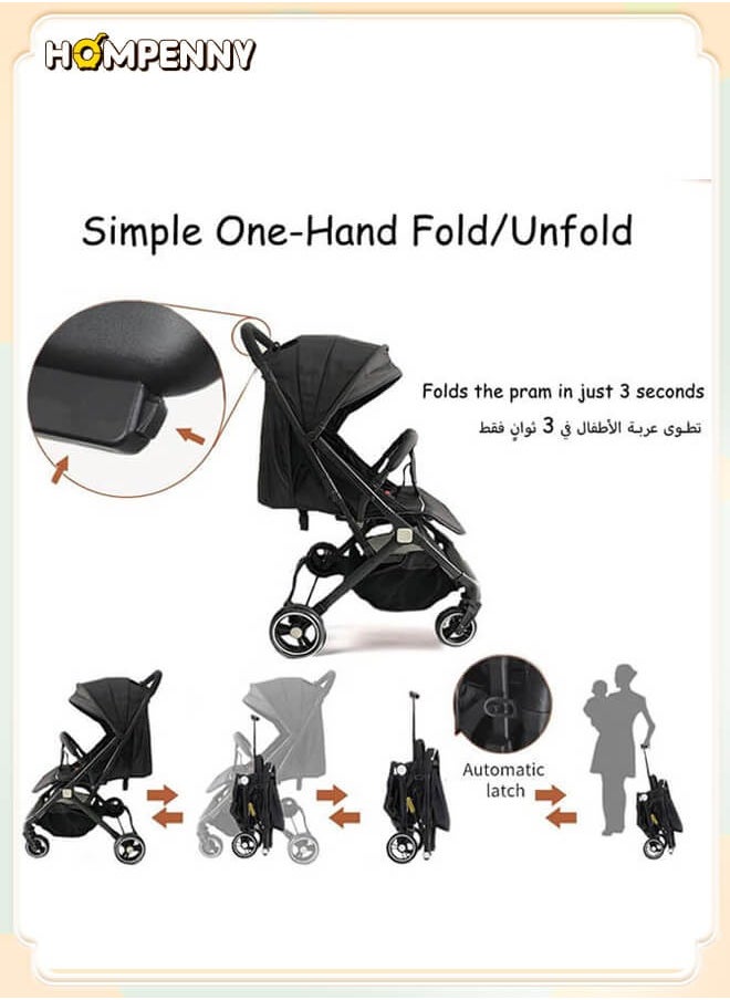 Hompenny - Lightweight Baby Stroller | Excellent Shock Absorption System | Large Canopy & Spacious Seat | 5-Point Harness | Large Storage Basket | Quick One-Click Folding | Suitable for 0-36 Months | Black - Image 1