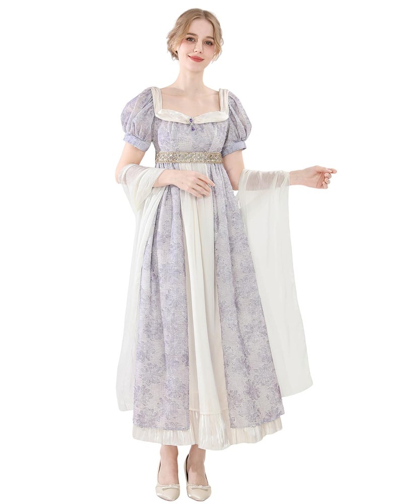 Nuoqi Regency Dress for Women 1800s Empire Waist Victorian Ball Gowns with Shawl XXL - Image 2