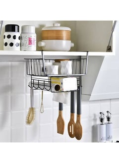 Hanging Kitchen Organizer Basket – Under Cabinet Storage Wire Rack with Dual Baskets and 8 Hooks, Multi-Functional Space Saver for Jars, Bottles, Utensils, and More