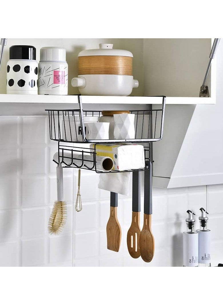 BestStore Hanging Kitchen Organizer Basket – Under Cabinet Storage Wire Rack with Dual Baskets and 8 Hooks, Multi-Functional Space Saver for Jars, Bottles, Utensils, and More  - Image 1