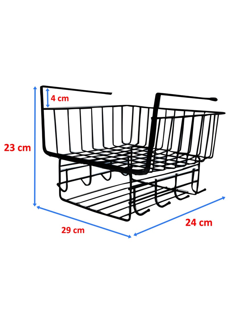BestStore Hanging Kitchen Organizer Basket – Under Cabinet Storage Wire Rack with Dual Baskets and 8 Hooks, Multi-Functional Space Saver for Jars, Bottles, Utensils, and More  - Image 3