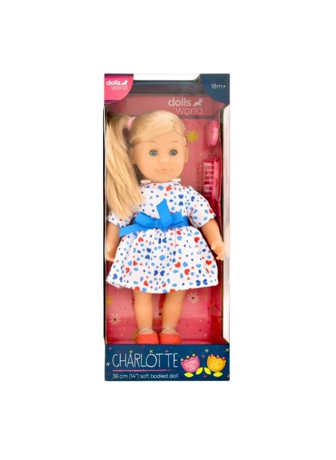 dolls world Charlotte 14 inch Soft Doll Sleeping Eyes With Hair & Accessories from Peterkin gift for kids of Age above 18 months  - Image 1