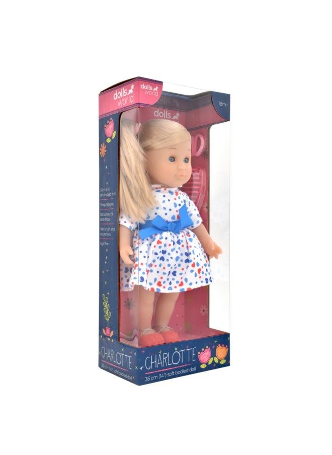 dolls world Charlotte 14 inch Soft Doll Sleeping Eyes With Hair & Accessories from Peterkin gift for kids of Age above 18 months  - Image 2