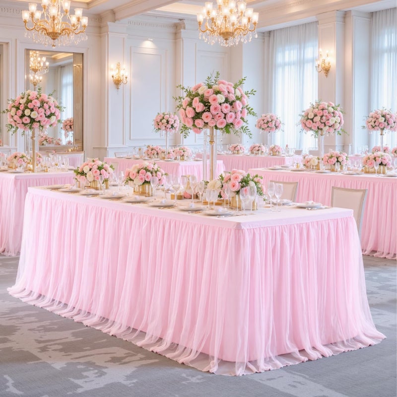 Suppromo 6ft Pink Tulle Tablecloth for Rectangle Tables 6 Foot Pink Table Cloth Rectangle Wrinkle Free Stretch Table Cover with Tutu Skirt for Baby Shower Girls Birthday Party Banquet Buffet Desk Skirt - Image 4