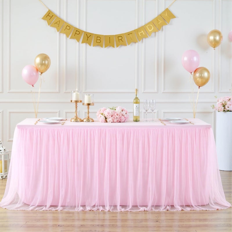 Suppromo 6ft Pink Tulle Tablecloth for Rectangle Tables 6 Foot Pink Table Cloth Rectangle Wrinkle Free Stretch Table Cover with Tutu Skirt for Baby Shower Girls Birthday Party Banquet Buffet Desk Skirt - Image 3