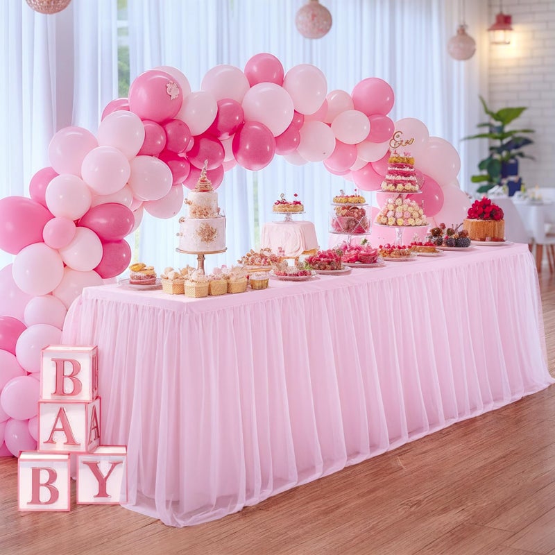 Suppromo 6ft Pink Tulle Tablecloth for Rectangle Tables 6 Foot Pink Table Cloth Rectangle Wrinkle Free Stretch Table Cover with Tutu Skirt for Baby Shower Girls Birthday Party Banquet Buffet Desk Skirt - Image 2