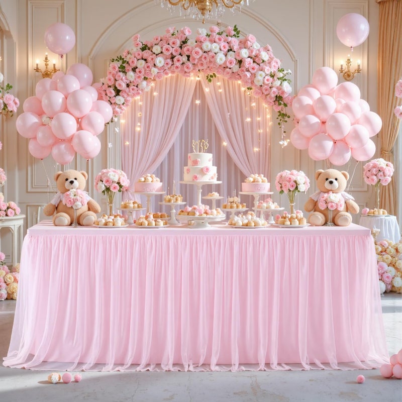 Suppromo 6ft Pink Tulle Tablecloth for Rectangle Tables 6 Foot Pink Table Cloth Rectangle Wrinkle Free Stretch Table Cover with Tutu Skirt for Baby Shower Girls Birthday Party Banquet Buffet Desk Skirt - Image 1