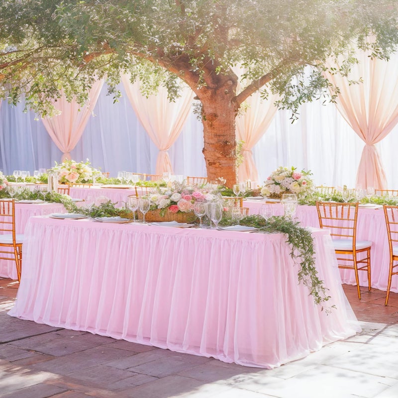Suppromo 6ft Pink Tulle Tablecloth for Rectangle Tables 6 Foot Pink Table Cloth Rectangle Wrinkle Free Stretch Table Cover with Tutu Skirt for Baby Shower Girls Birthday Party Banquet Buffet Desk Skirt - Image 5