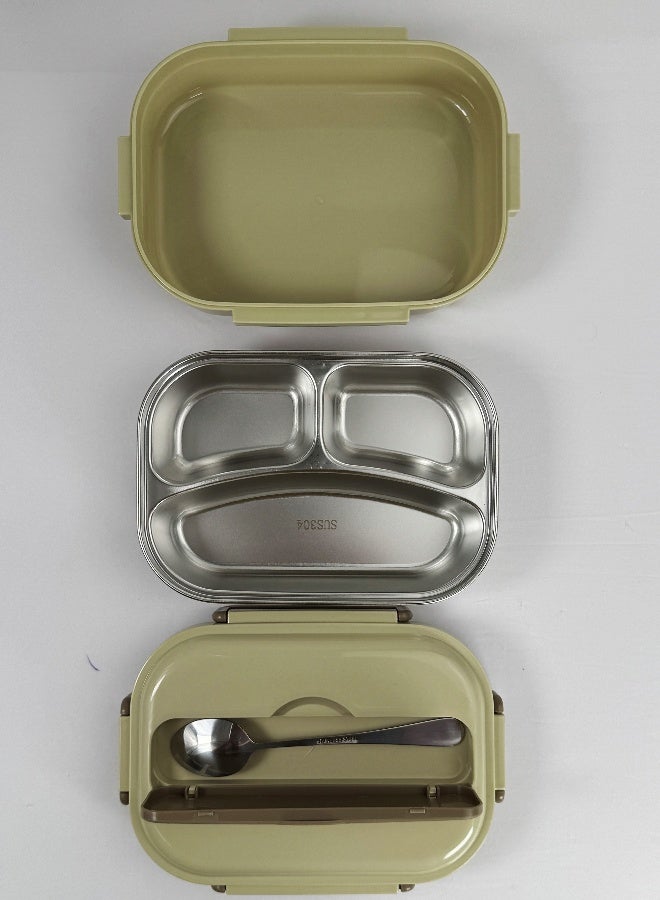 توشيونيكس صندوق غداء من الفولاذ المقاوم للصدأ بثلاث حجرات مع ملعقة فولاذية وتخزين أدوات المائدة - مانع للتسرب، صينية قابلة للإزالة، آمن للاستخدام في الفريزر والميكروويف - خالٍ من مادة BPA - سعة 1.7 لتر - مثالي للمدرسة والمكتب والسفر وصالة الألعاب الرياضية - Image 3