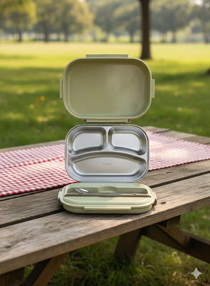 توشيونيكس صندوق غداء من الفولاذ المقاوم للصدأ بثلاث حجرات مع ملعقة فولاذية وتخزين أدوات المائدة - مانع للتسرب، صينية قابلة للإزالة، آمن للاستخدام في الفريزر والميكروويف - خالٍ من مادة BPA - سعة 1.7 لتر - مثالي للمدرسة والمكتب والسفر وصالة الألعاب الرياضية - Image 1