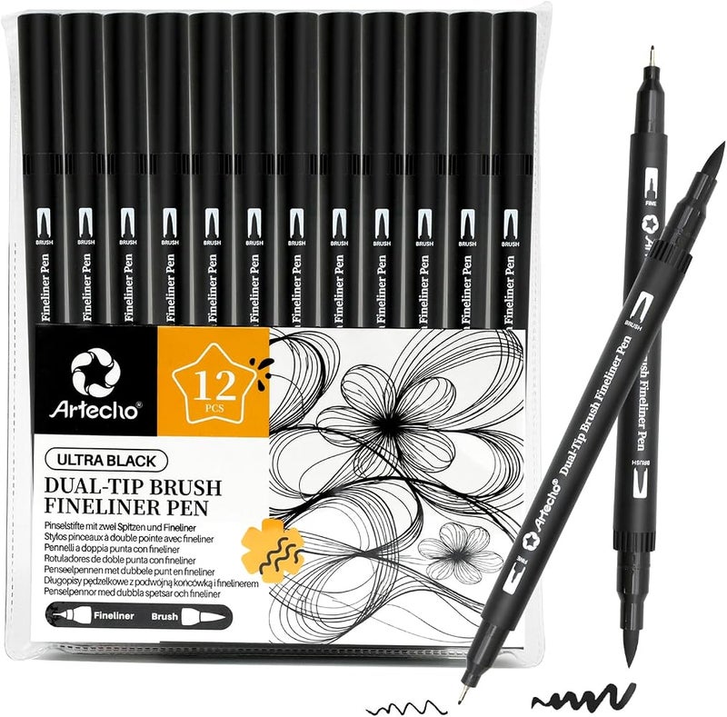 Artecho 12 pcs Black Dual Tip Brush Pens with Fine & Brush Tip - Image 1