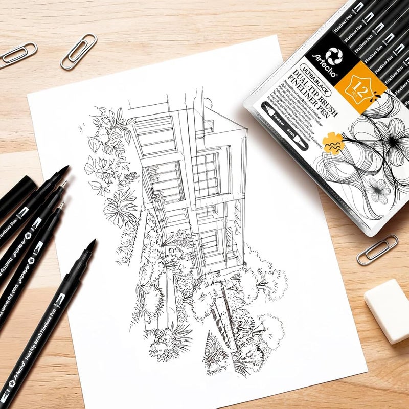 Artecho 12 pcs Black Dual Tip Brush Pens with Fine & Brush Tip - Image 4