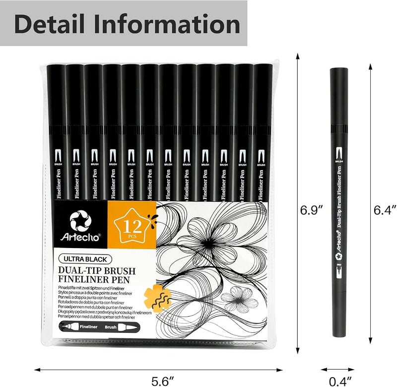 Artecho 12 pcs Black Dual Tip Brush Pens with Fine & Brush Tip - Image 3