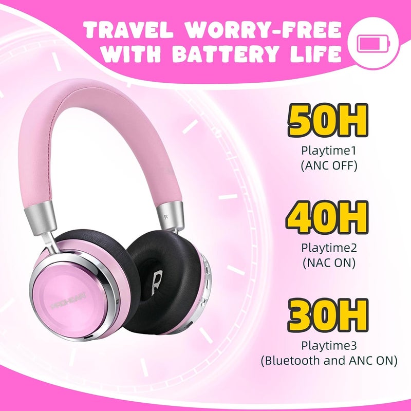 PROHEAR 010 Pro Kids Bluetooth Headphones, Wireless Active Noise Cancelling, 80H Playtime, Safe Volume 85dB, Hi-Fi Audio, Over-Ear, Built-in Mic for iPad/Tablet/Airplane - Pink - Image 5