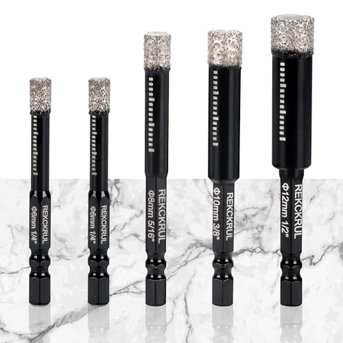 REKCKRUL 5-Pack Diamond Drill Bits Set, 1/4 5/16 3/8 1/2 Inch Diamond Hole Saw – 1/4 Hex Shank Core Drill Bits for Ceramic, Tile, Glass, Granite, Marble, Brick & Stone, 6/8/10/12mm - Image 1