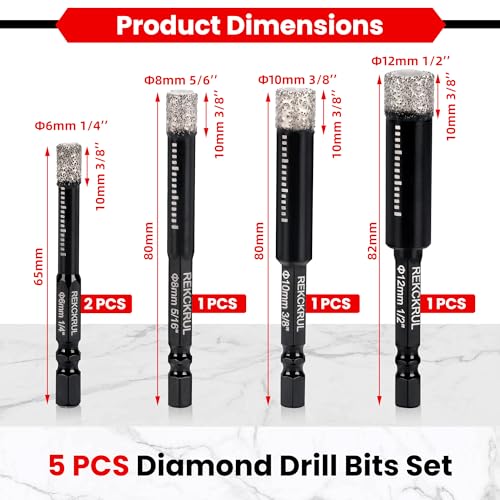 REKCKRUL 5-Pack Diamond Drill Bits Set, 1/4 5/16 3/8 1/2 Inch Diamond Hole Saw – 1/4 Hex Shank Core Drill Bits for Ceramic, Tile, Glass, Granite, Marble, Brick & Stone, 6/8/10/12mm - Image 2