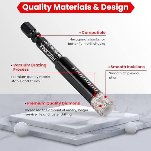 REKCKRUL 5-Pack Diamond Drill Bits Set, 1/4 5/16 3/8 1/2 Inch Diamond Hole Saw – 1/4 Hex Shank Core Drill Bits for Ceramic, Tile, Glass, Granite, Marble, Brick & Stone, 6/8/10/12mm - Image 4