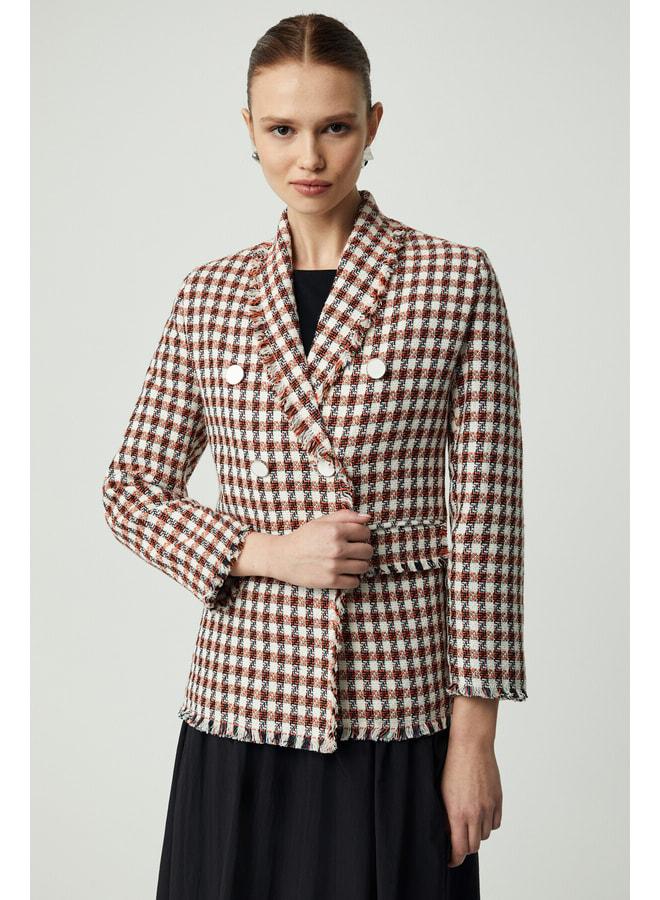 GRIMELANGE MERAN Women's Jacket with Collar, Long Sleeve, Button Detail, Tweed, Orange. - Image 1