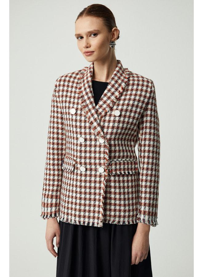 GRIMELANGE MERAN Women's Jacket with Collar, Long Sleeve, Button Detail, Tweed, Orange. - Image 3