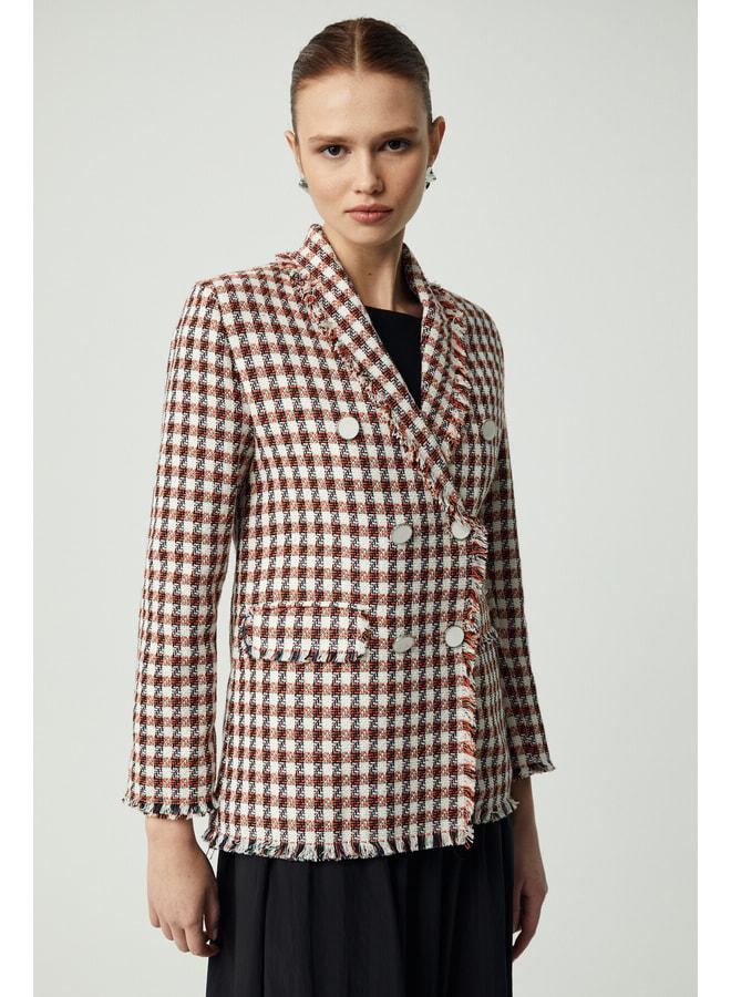 GRIMELANGE MERAN Women's Jacket with Collar, Long Sleeve, Button Detail, Tweed, Orange. - Image 2
